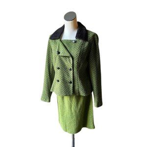 Vintage 1980’s Green & Black Chevron Faux Fur Trim Blazer Jacket Double Breasted